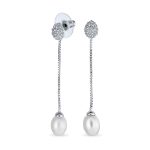 CZ Pearl Linear Chain Dangle Chandelier Earrings Silver