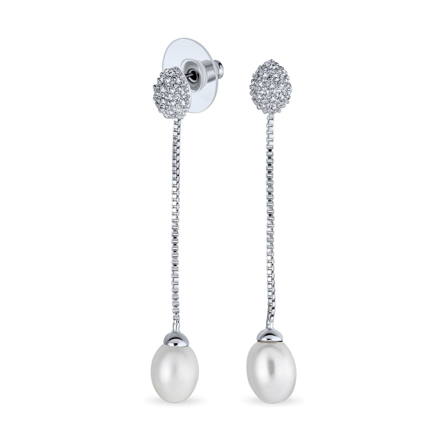 silver-dangle-8mm-freshwater-pearl-drop-earrings-3in_1 CZ Pearl Linear Chain Dangle Chandelier Earrings Silver - Image 1