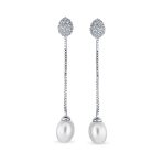 CZ Pearl Linear Chain Dangle Chandelier Earrings Silver - Image 2
