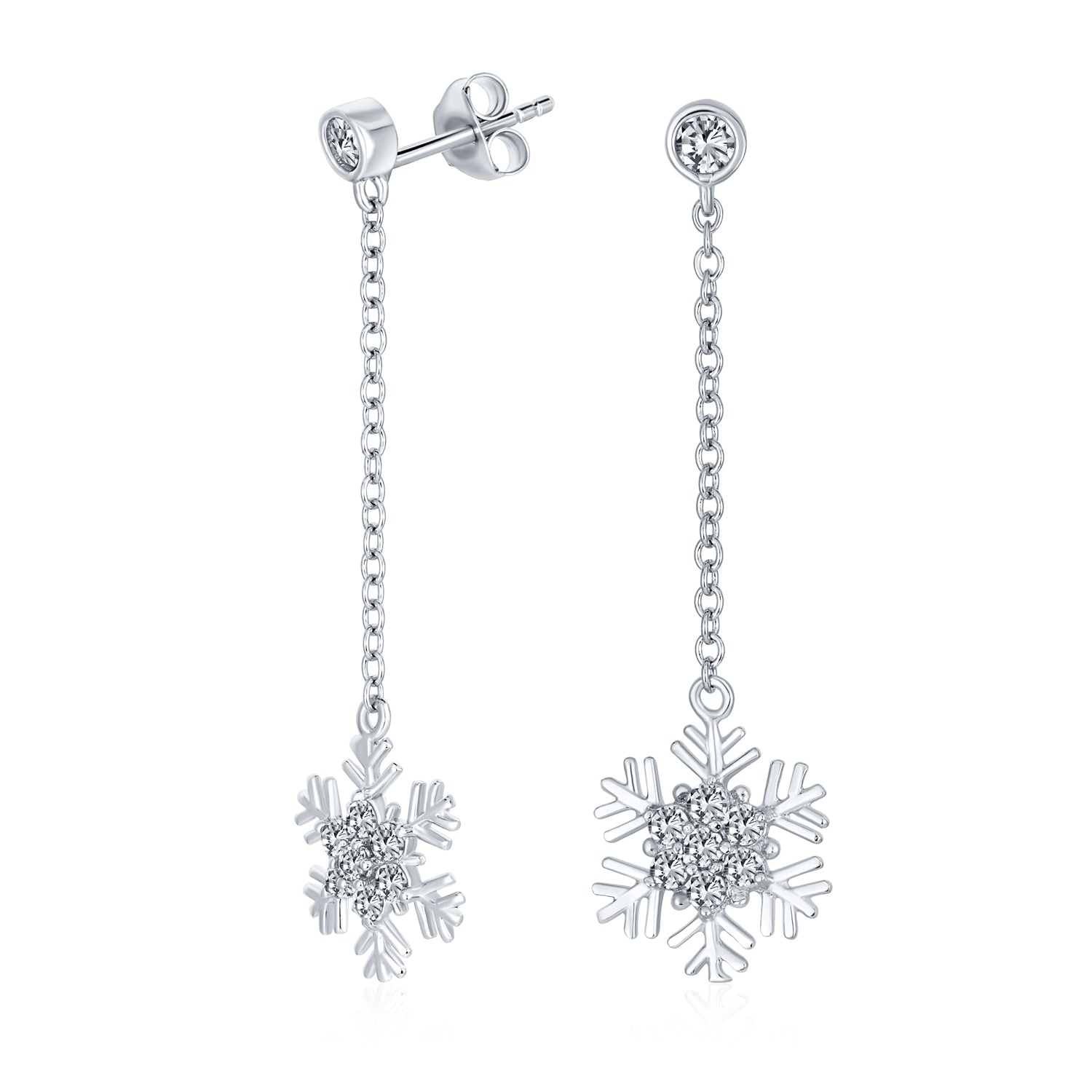 silver-dangle-chain-snowflake-cz-earrings-hsd-hse4543_1 Winter Cubic Zirconia Snowflake Dangle Chandelier Earrings Sterling Silver - Image 1