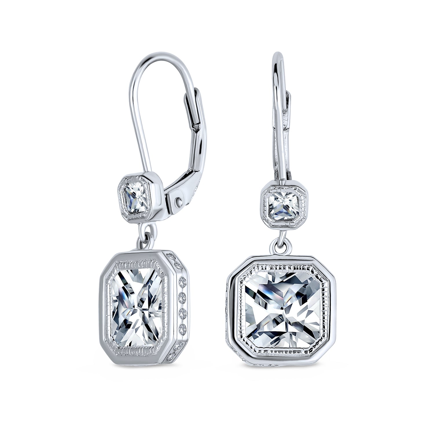 silver-dangle-earring-leverback-cz-square-pk-easc10_1 Square Radiant Cut Solitaire CZ Bezel Drop Earrings Sterling Silver - Image 1
