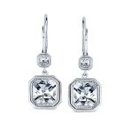 Square Radiant Cut Solitaire CZ Bezel Drop Earrings Sterling Silver - Image 2