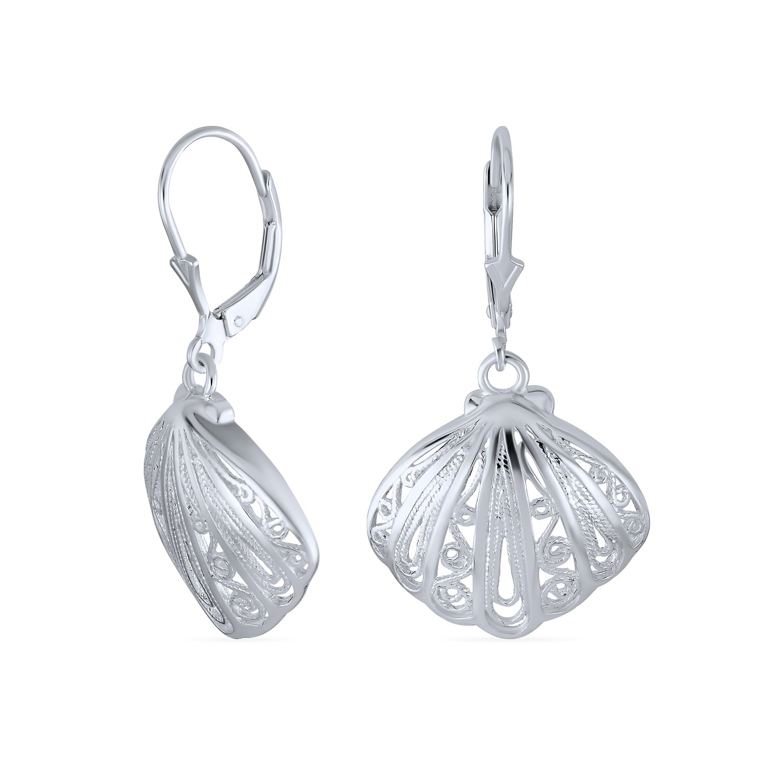silver-dangle-earring-shell-sea-leverback-pfs-12-2607_1 Hawaiian Seaside Dangle Earrings Sand Dollar Starfish Seashell 14K Gold-Plated - Image 1