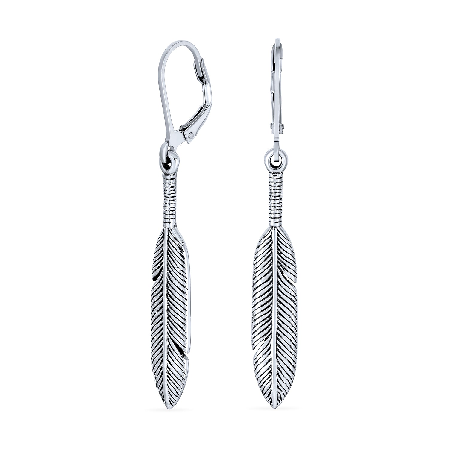 silver-dangle-feather-earrings-ps-ter00197_1 Southwestern Style Dangle Leaf Feather Earrings Oxidized Sterling Silver Lever back - Image 1