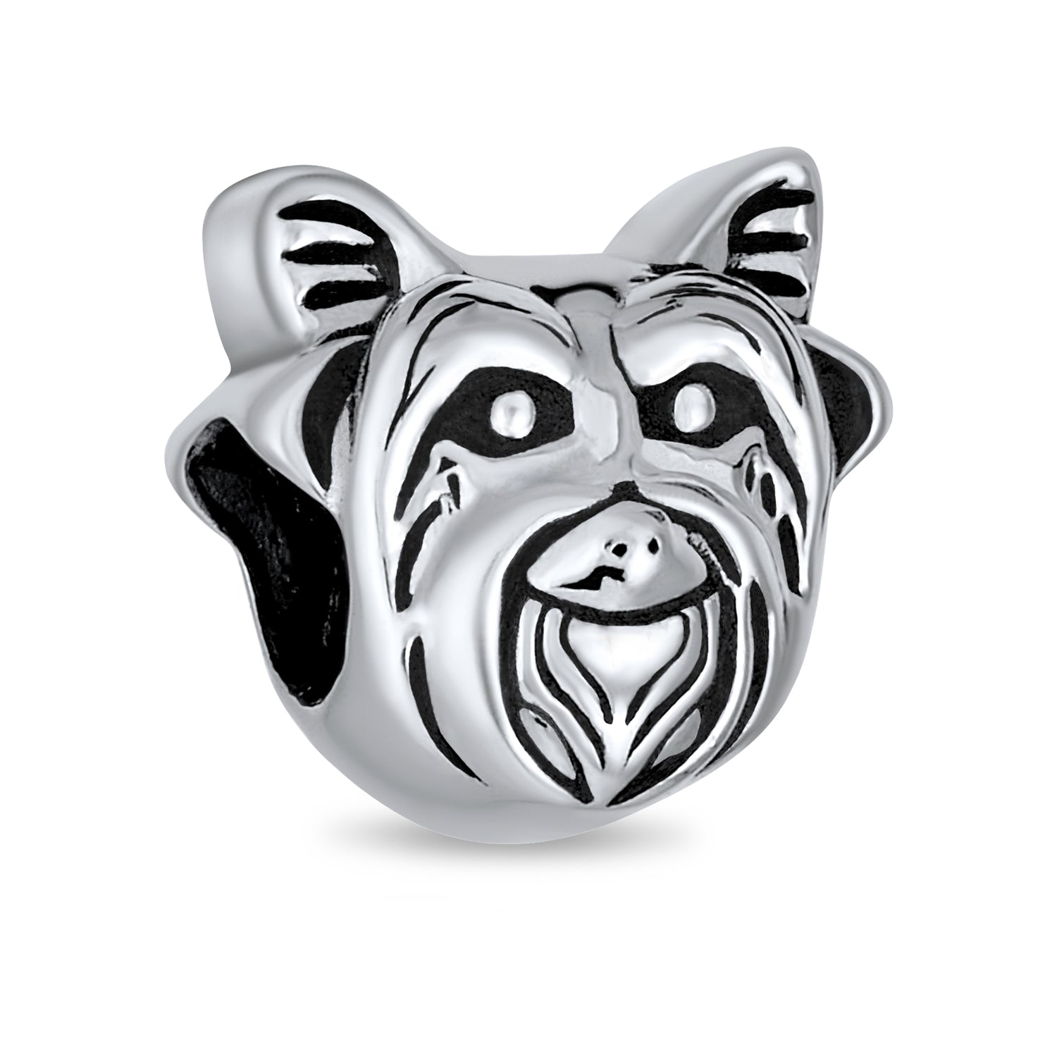 silver-dog-puppy-head-bead-charm_pbx-hs-734-az Yorkie Dog Charm Bead for Animal Lovers Oxidized Sterling Silver Fits Bracelet - Image 1