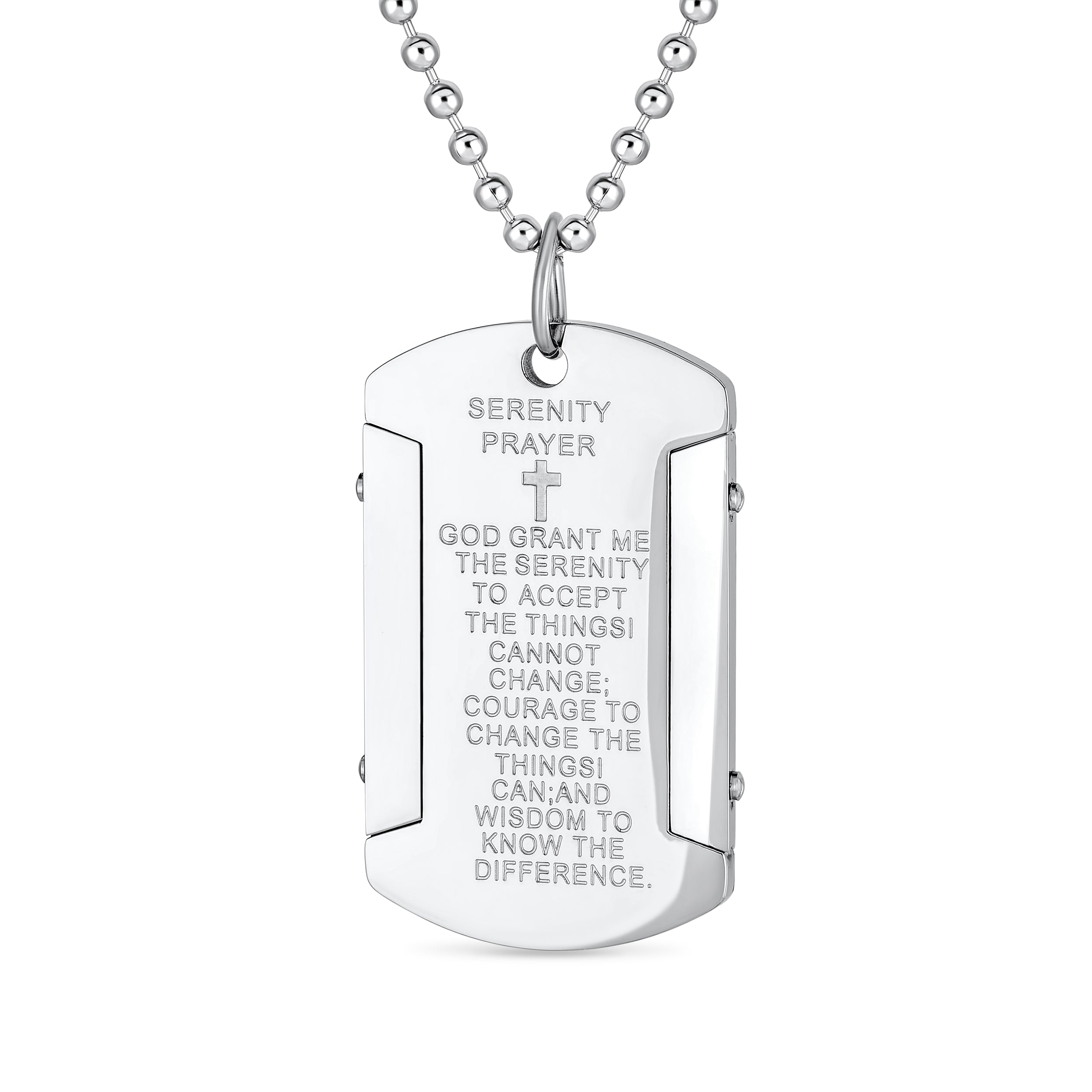 silver-dog-tag-serenity-prayer-necklace-pendant-sgd-ms056_11 Inspirational Serenity Prayer Dog Tag Necklace Stainless Steel 24" Ball Chain - Image 1