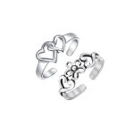 Set of 2 Interlocking Hearts & Flower Carved Swirl Midi Toe Ring Sterling Silver