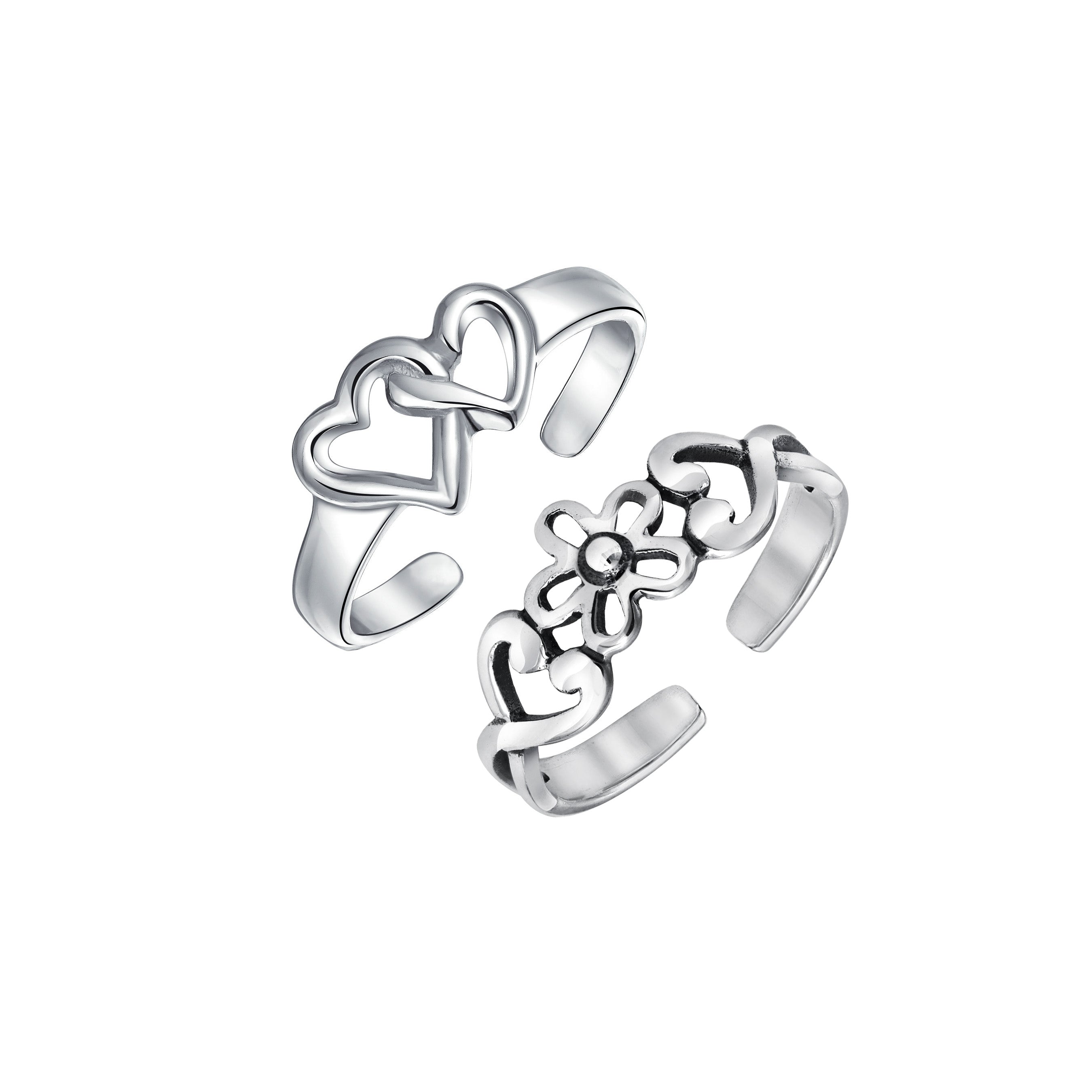 silver-double-heart-toe-ring-pmr-r11227-set-az Set of 2 Interlocking Hearts & Flower Carved Swirl Midi Toe Ring Sterling Silver - Image 1