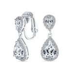 Classic Bridal Cocktail Halo Cubic Zirconia Blue CZ Double Solitaire Teardrop Dangle Clip On Earrings