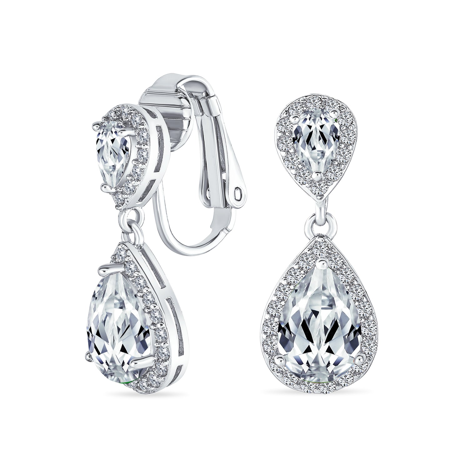 silver-double-teardrop-crown-clip-on_my-e200904c-az_1 Classic Bridal Cocktail Halo Cubic Zirconia Blue CZ Double Solitaire Teardrop Dangle Clip On Earrings - Image 1