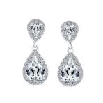 Classic Bridal Cocktail Halo Cubic Zirconia Blue CZ Double Solitaire Teardrop Dangle Clip On Earrings - Image 12