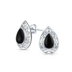 Bali Style Black Onyx Teardrop Stud Earrings 15MM Gemstone