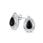 Bali Style Black Onyx Teardrop Stud Earrings 15MM Gemstone