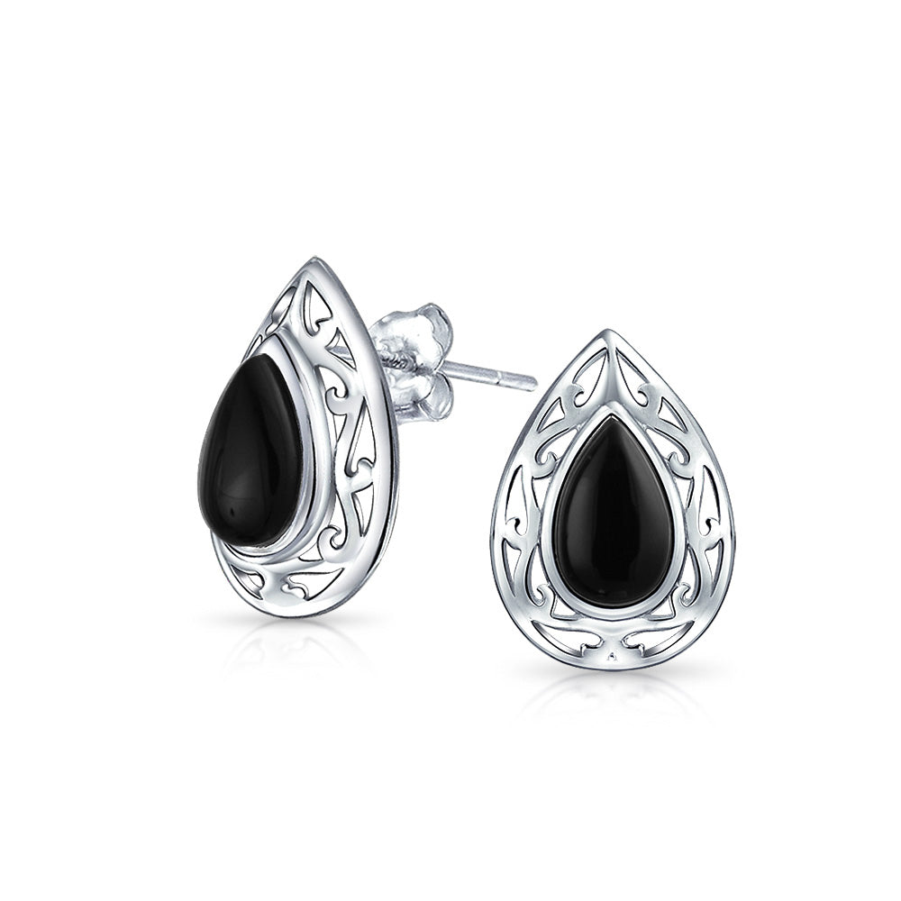 silver-earring-black_wj-swe6609-ca-az Bali Style Black Onyx Teardrop Stud Earrings 15MM Gemstone - Image 1
