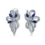Blue White Ribbon Bow Drop Stud Earrings Crystal CZ Silver Plated
