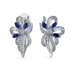Blue White Ribbon Bow Drop Stud Earrings Crystal CZ Silver Plated