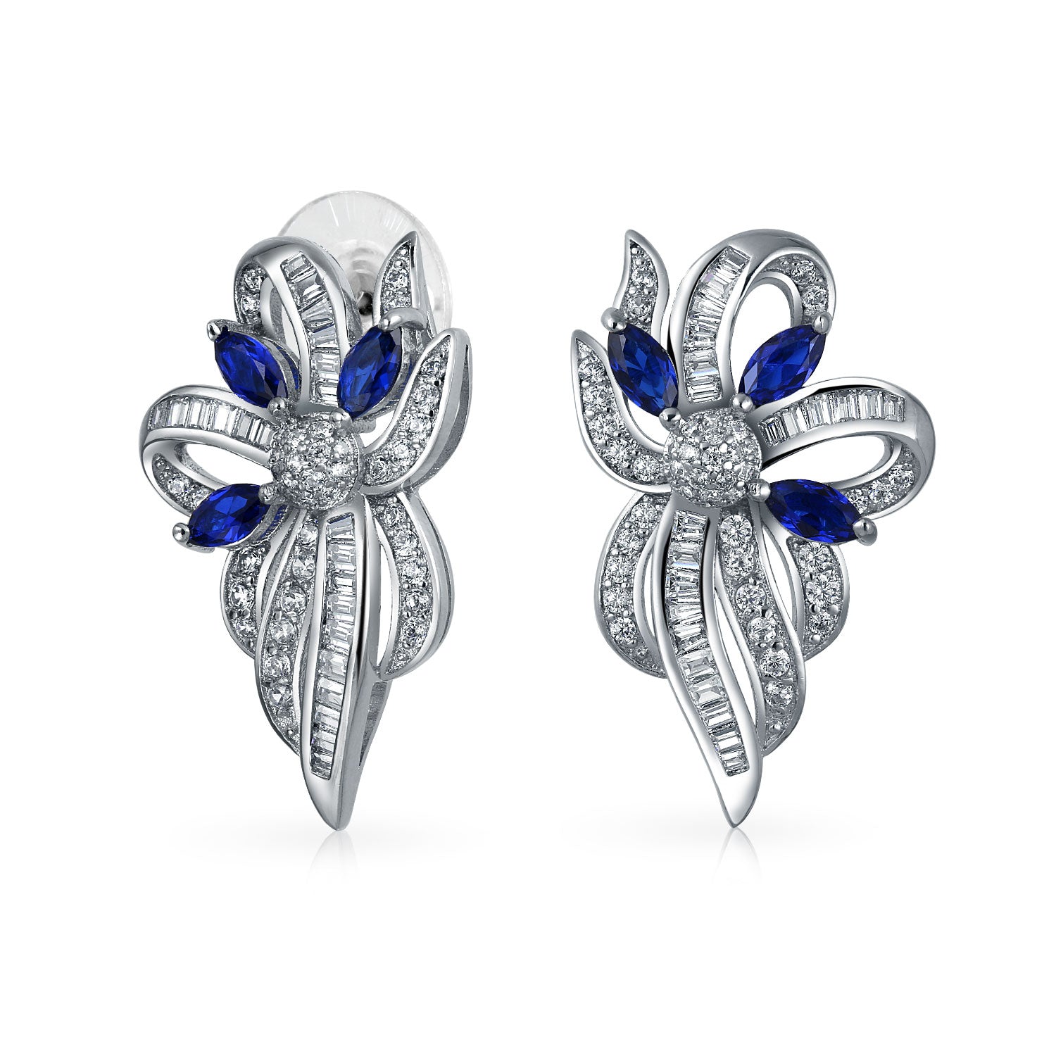 silver-earring-blue-ribbon-cz_elg-811921 Blue White Ribbon Bow Drop Stud Earrings Crystal CZ Silver Plated - Image 1