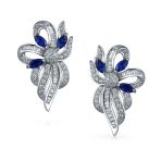 Blue White Ribbon Bow Drop Stud Earrings Crystal CZ Silver Plated - Image 2