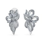 Vintage Style Bridal White Ribbon Bow Drop Stud Earrings For Women