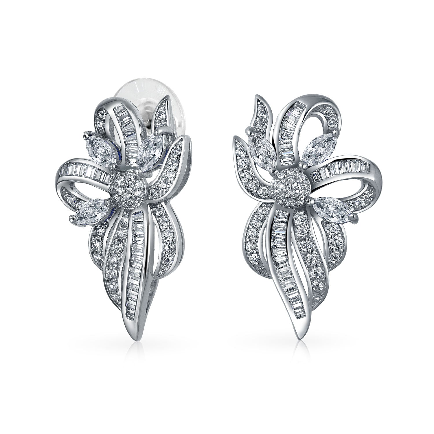 silver-earring-clear-ribbon-cz_elg-811921-e Vintage Style Bridal White Ribbon Bow Drop Stud Earrings For Women - Image 1