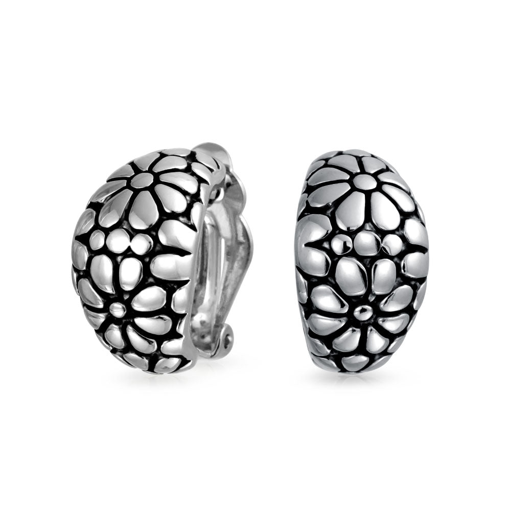 silver-earring-clip-on-flower_ag-se3218-as-az_1 Flower Wide Shrimp Half Hoop Clip On Earrings Oxidized Gold - Image 1