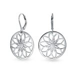 Floral Garden Disc Cutout Flower Dangle Earrings Leverback