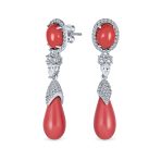 Classic CZ Accent Orange Coral Stone Teardrop Dangle Chandelier Earrings Silver Plated
