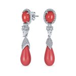 Classic CZ Accent Orange Coral Stone Teardrop Dangle Chandelier Earrings Silver Plated