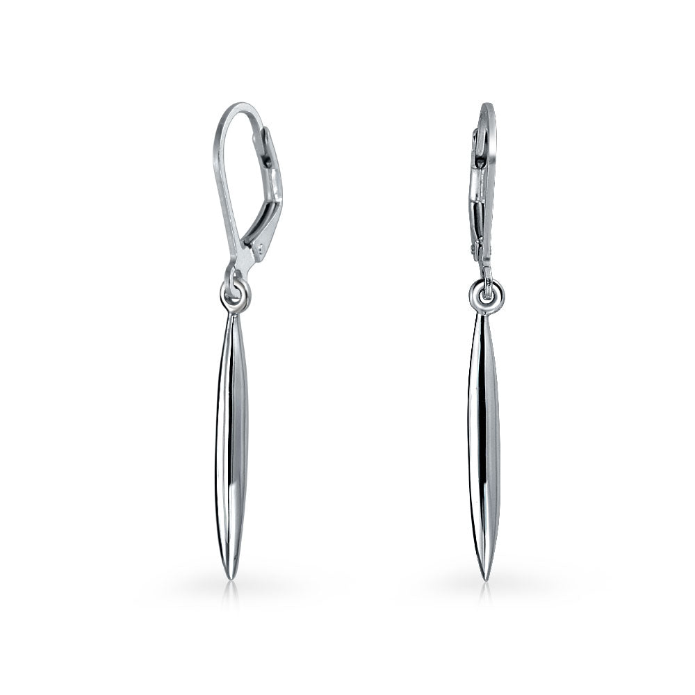 silver-earring-dangle-teardrop-nature_m6588 Thin Minimalist Geometric Dangle Earrings Linear Bar Feather Sterling Silver - Image 1