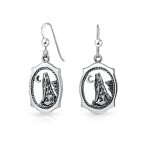 Oval Animal Totem Amulet Wicca Jewelry Howling Wolf Dangle Earrings Silver - Image 2