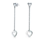 Romantic Simple Chain Long Linear Open Hearts Dangle Earrings Lightweight Sterling Silver