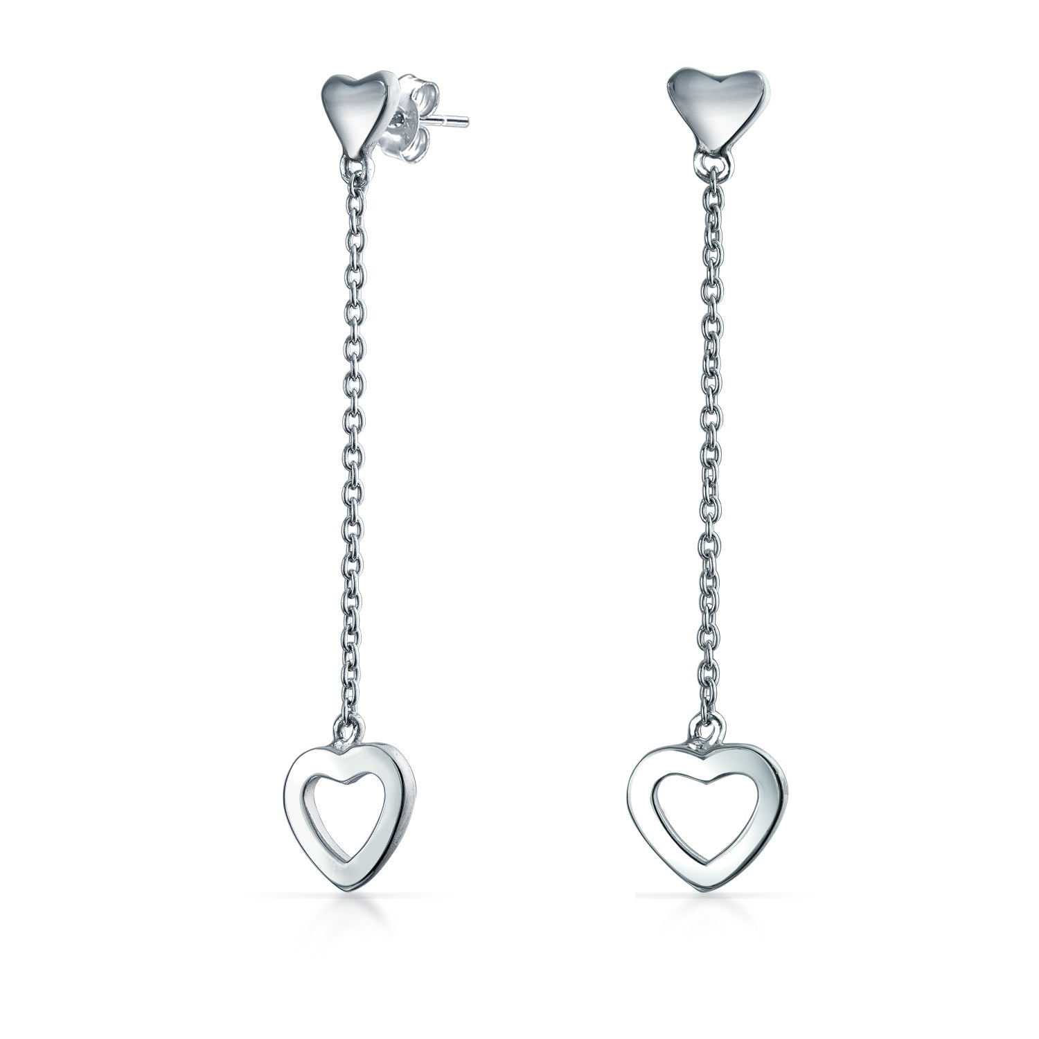 silver-earring-dangled-chain-heart_pk-50026356-az_1 Romantic Simple Chain Long Linear Open Hearts Dangle Earrings Lightweight Sterling Silver - Image 1