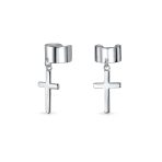 Religious Ear Lobe Cartilage Ear Cuff Dangling Cross Earrings Sterling Silver