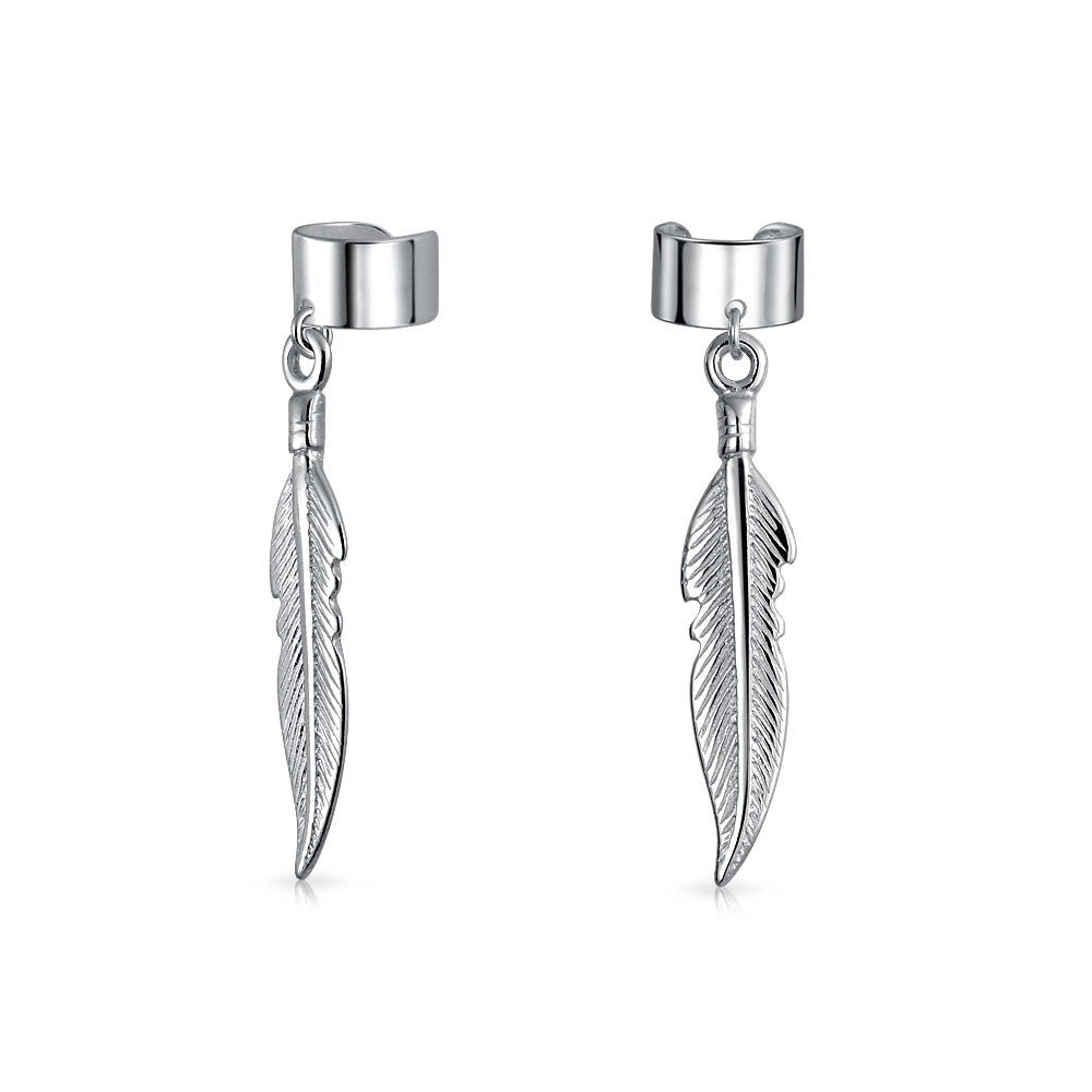 silver-earring-ear-cuff-feathers_pfs-12-6019-az Feather Ear Lobe Earrings Dangling Leaf Cartilage Cuff Earrings .925 Sterling Silver - Image 1