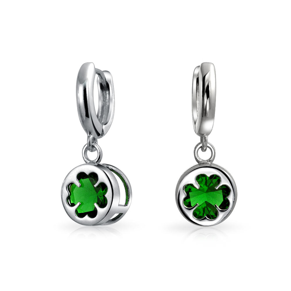 silver-earring-huggie-clover-cz_mdr-3421e-004-1 Luck of the Irish Shamrock Green CZ Clover Dangle Earrings Silver Lever back - Image 1
