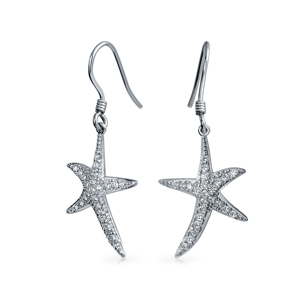 silver-earring-nautical-starfish-cz_pk-kk-22-ash Nautical Starfish Dangle Chandelier Earrings with CZ Pave in Sterling Silver - Image 1