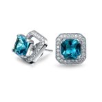 London Blue CZ Halo Square Earring Jacket with Princess Cut Studs in Silver