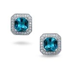 London Blue CZ Halo Square Earring Jacket with Princess Cut Studs in Silver - Image 2