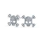 Dia De Los Muertos White CZ Skull Crossbones Stud Earrings Sterling Silver