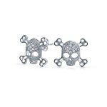 Dia De Los Muertos White CZ Skull Crossbones Stud Earrings Sterling Silver