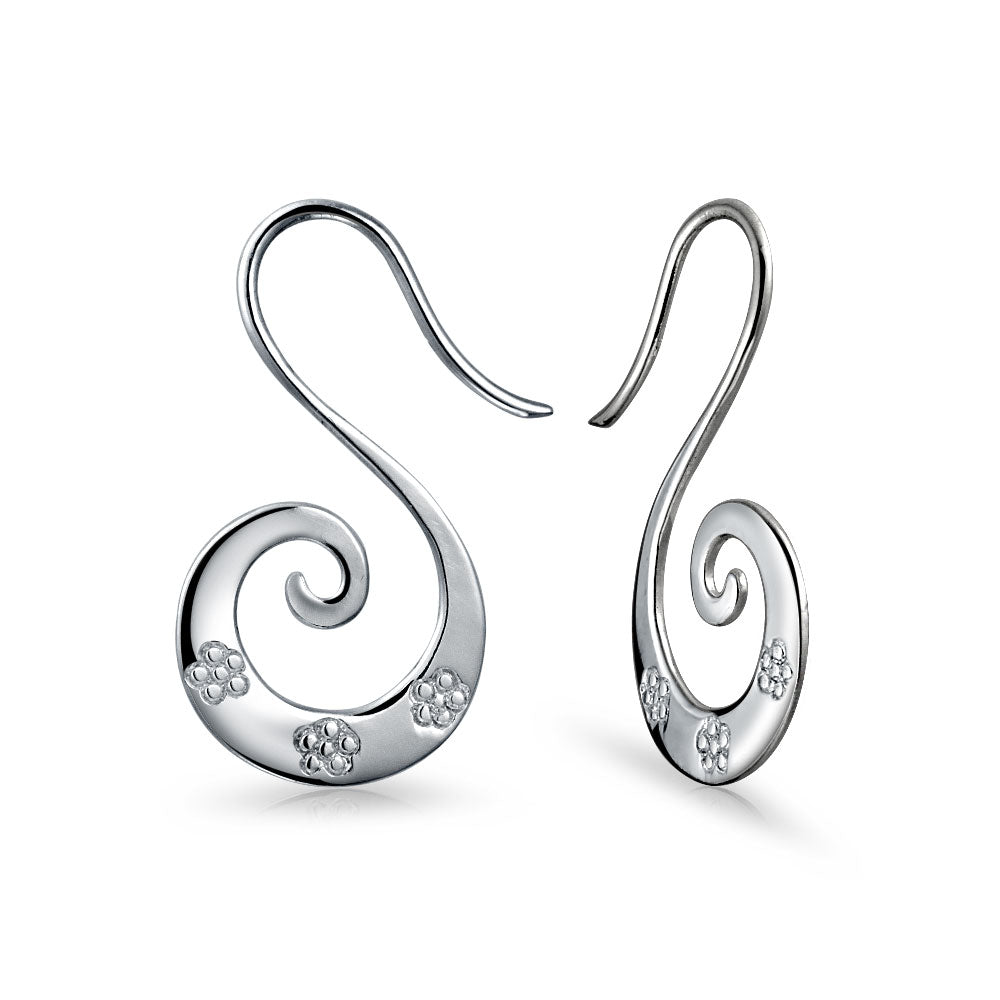 silver-earring-swirl-flower-pfs-12-5859-az Artisan Tribal Flower Blossom Swirl Wire Spiral Pull Through Hoop Threader Earrings Sterling Silver - Image 1