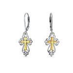 Filigree Two Tone Fleur De Lis Cross Dangle Earrings 14K Gold Plated Silver
