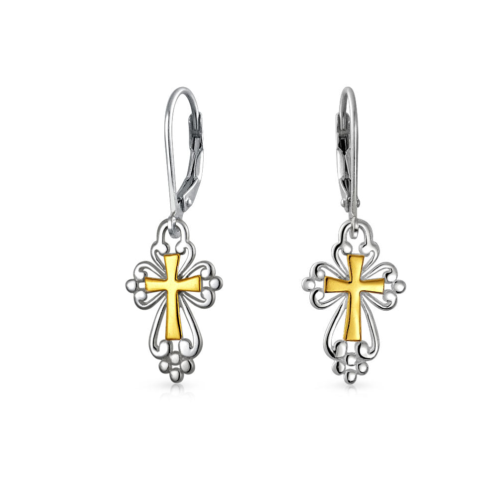 silver-earring-two-tone-cross_n-wj-swe3468-08 Filigree Two Tone Fleur De Lis Cross Dangle Earrings 14K Gold Plated Silver - Image 1