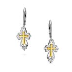 Filigree Two Tone Fleur De Lis Cross Dangle Earrings 14K Gold Plated Silver - Image 2
