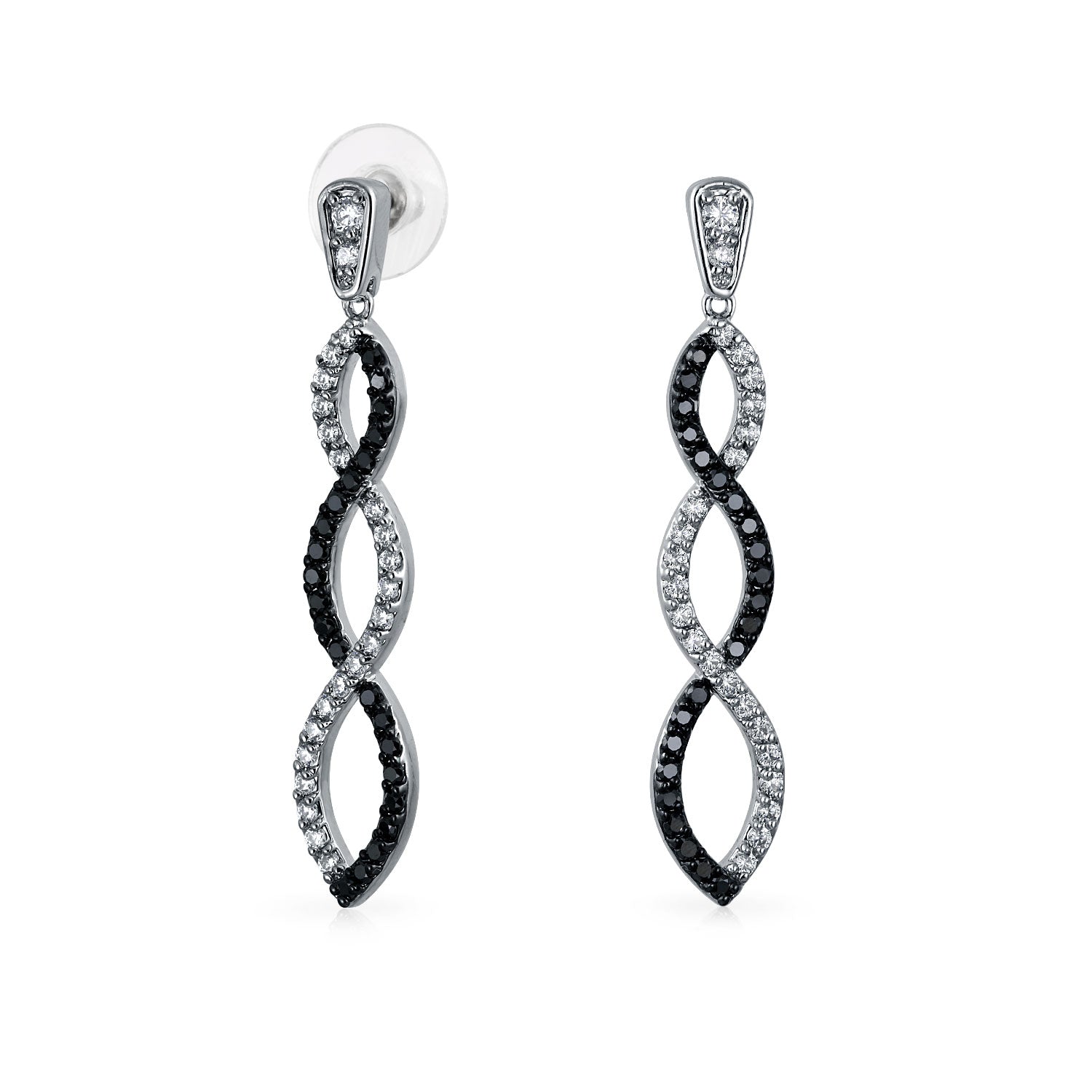 silver-earring-two-tone-cz_ag-ez5333-2t Black & White Cubic Zirconia Pave Statement Long Infinity Twist Drop Earrings - Image 1