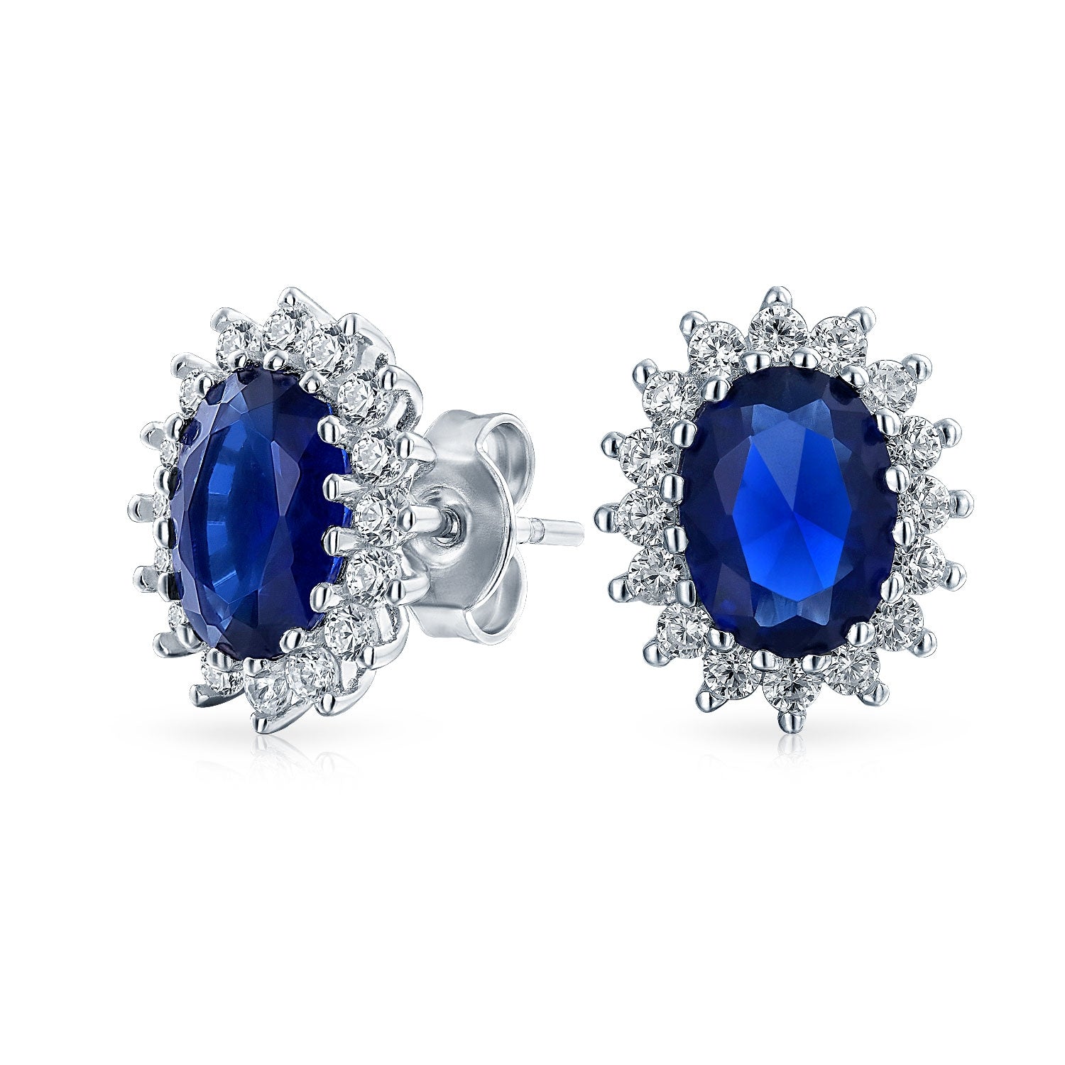 silver-earrings-blue-stone_cl-d-3908-az_1_1 Vintage Style 3CT Crown Halo Gemstone CZ Stud Earrings in Sterling Silver - Image 1