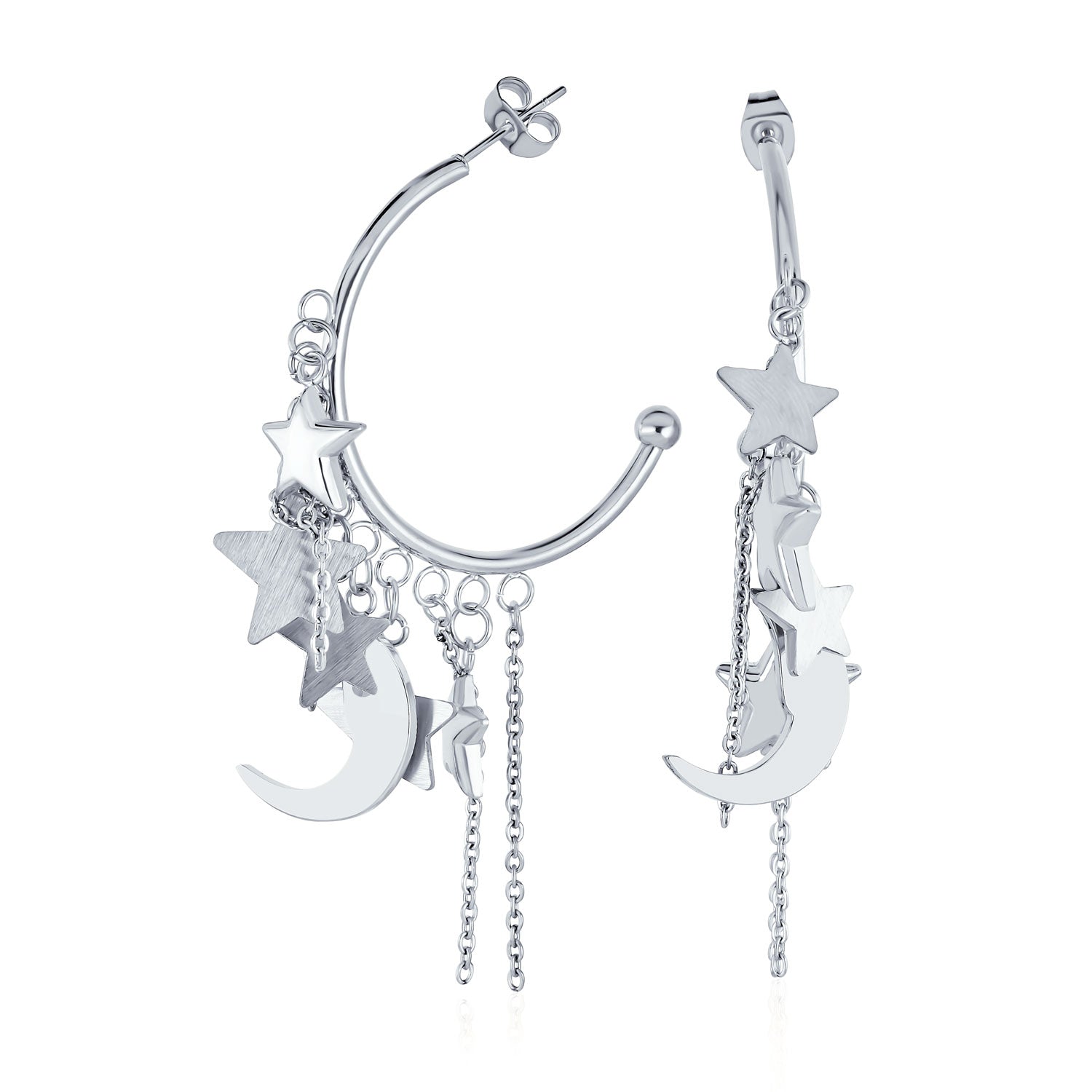silver-earrings-crescent-moon-hoops_cdl-e8735_1 Trendy Moon Stars Dangling Charm Crescent Large Hoop Stud Earrings - Image 1