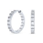 Princess Cut Cubic Zirconia Milgrain Edge Inside Out Hoop Earrings Silver Plated