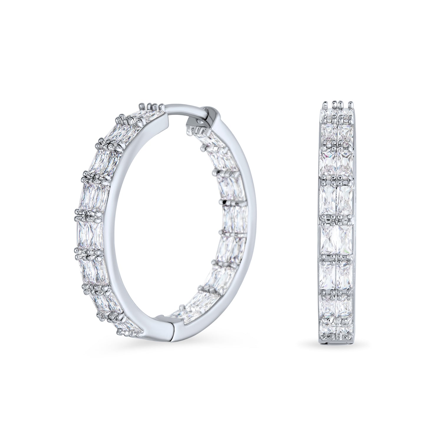 silver-earrings-hoop-cz-bridal-ag-ez-0934_1 Princess Cut Cubic Zirconia Milgrain Edge Inside Out Hoop Earrings Silver Plated - Image 1
