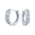 Classic Dainty Round CZ Hoop Earrings Bezel Set Solitaire Silver Huggies